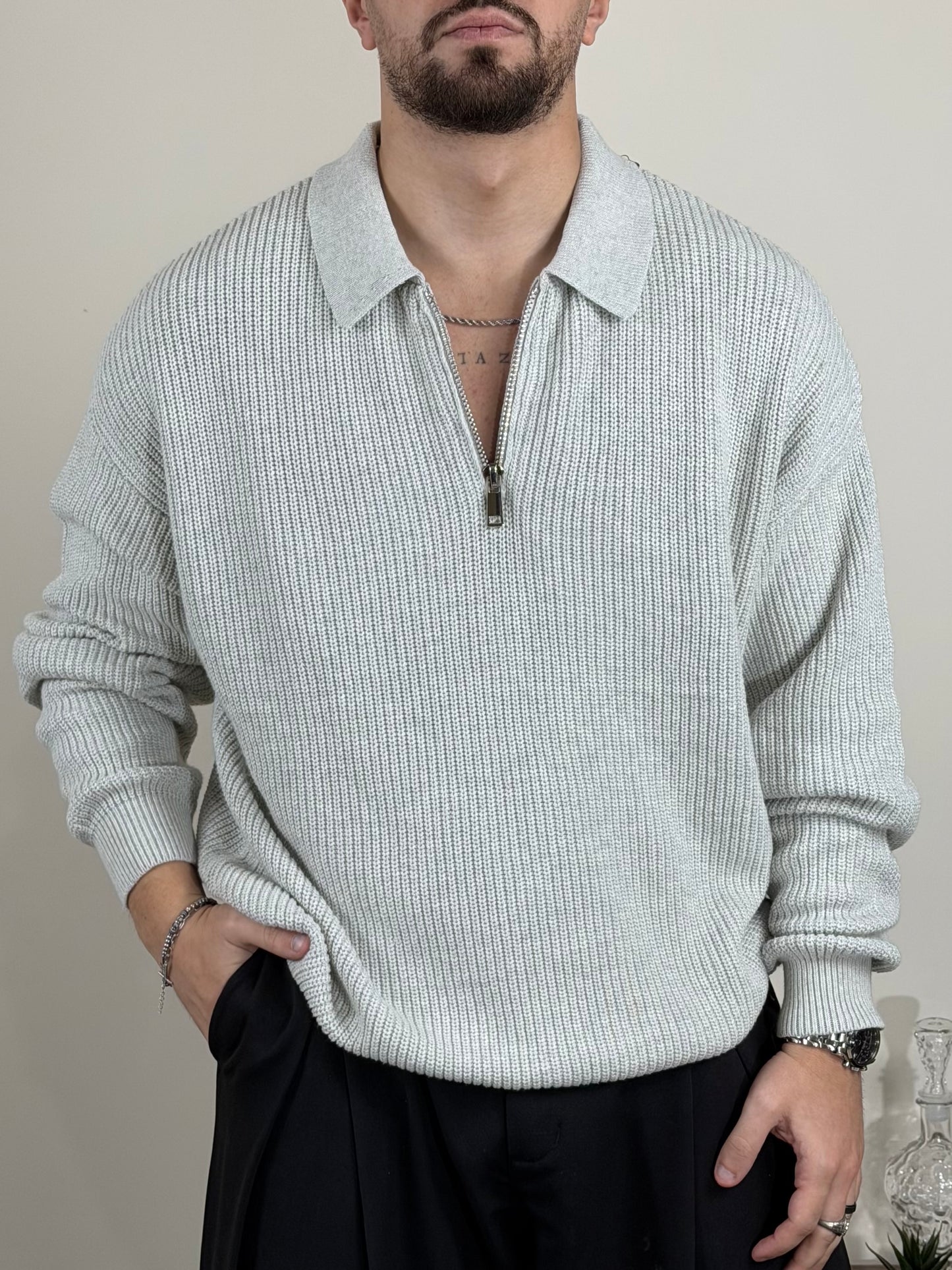 Maglione Polo Zip Grigio