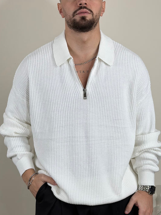 Maglione Polo Zip White